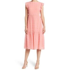 Love By Design Ballerina Clip Dot Tiered Midi Dress Medium Ruffle Sleeves Pink